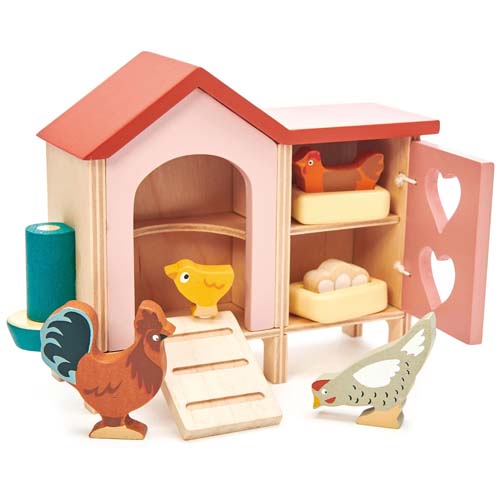 Tender Leaf Toys houten kippenhok speelset met kippen, een haan, een kuiken en eieren.