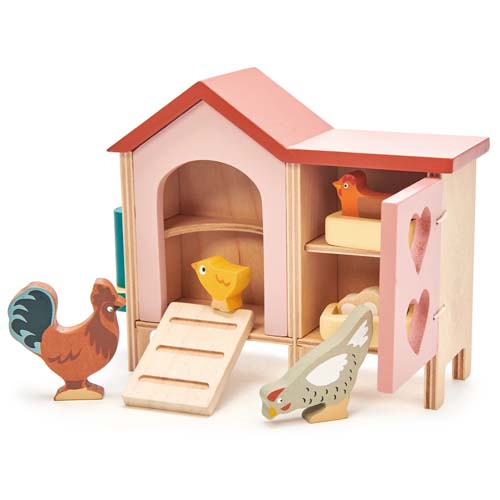 Tender Leaf Toys houten kippenhok speelset met een haan, een kuiken en een hen.