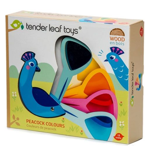 De verpakking van het Tender Leaf Toys Peacock Colours houten pauw visueel speelgoed.