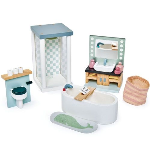 Tender Leaf Toys houten poppenhuis badkamerset met douche, toilet, wastafel, bad en accessoires.