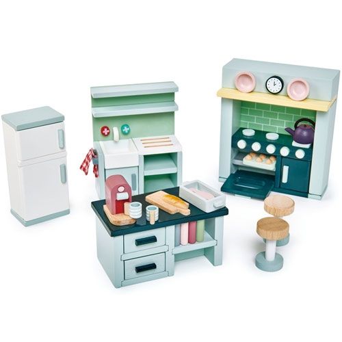 Tender Leaf Toys veelkleurige houten poppenhuis keuken set met koelkast, gootsteen, kookeiland en fornuis.