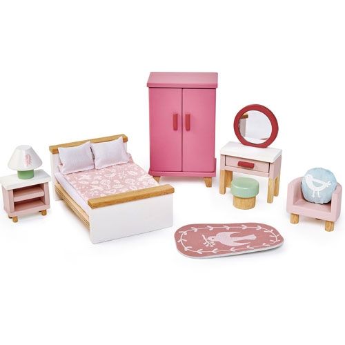 Tender Leaf Toys poppenhuis slaapkamerset met roze meubels en vogelmotieven.