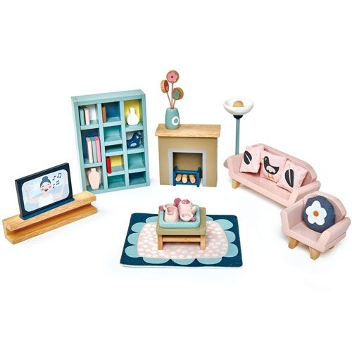 Tender Leaf Toys houten poppenhuis woonkamerset met bank, fauteuil, tv-meubel en boekenkast.