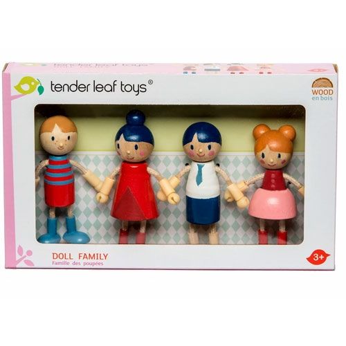 De verpakking van de Tender Leaf Toys houten poppenhuispoppen familie, met de vier poppen zichtbaar door het venster.