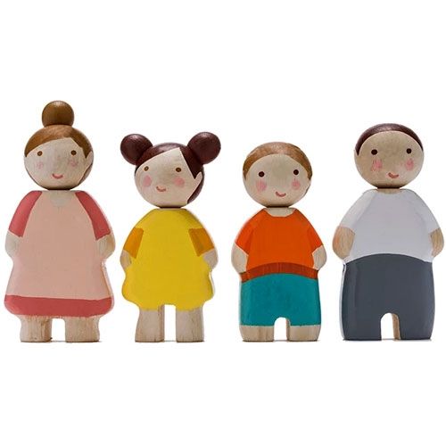 Tender Leaf Toys houten poppenhuispoppen familie bestaande uit vier kleurrijke figuren.