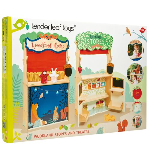 De verpakking van de Tender Leaf Toys houten poppenkast en winkeltje speelset.