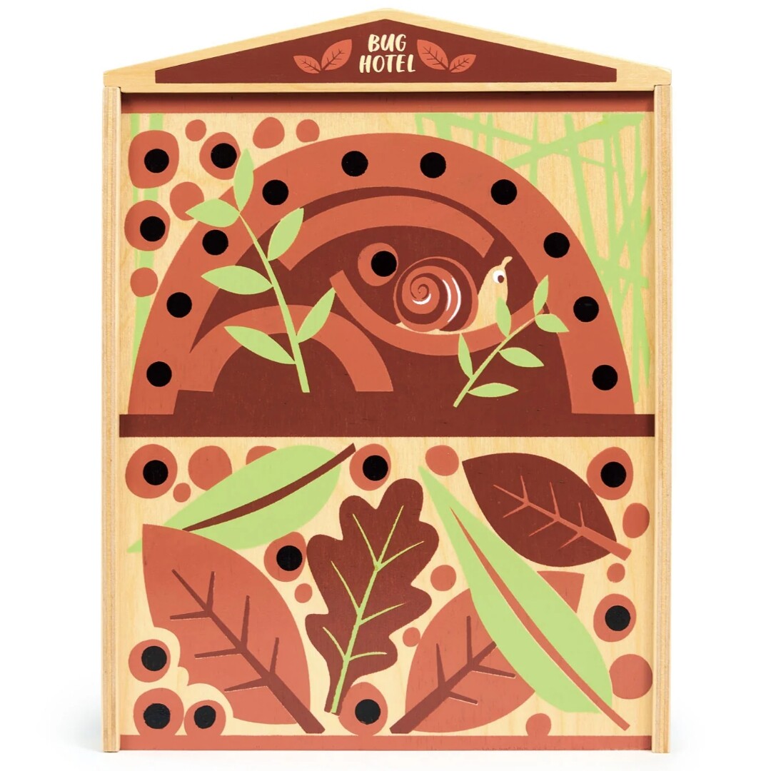 De achterkant van de Tender Leaf Toys houten insectenpuzzel 'Bug Hotel' met een kleurrijk patroon van bladeren en een slak.