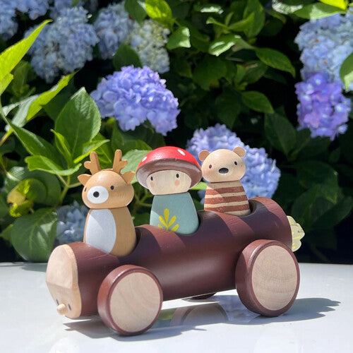 De Tender Leaf Toys houten speelgoedauto met bosdierenfiguren staat buiten voor blauwe hortensia's.