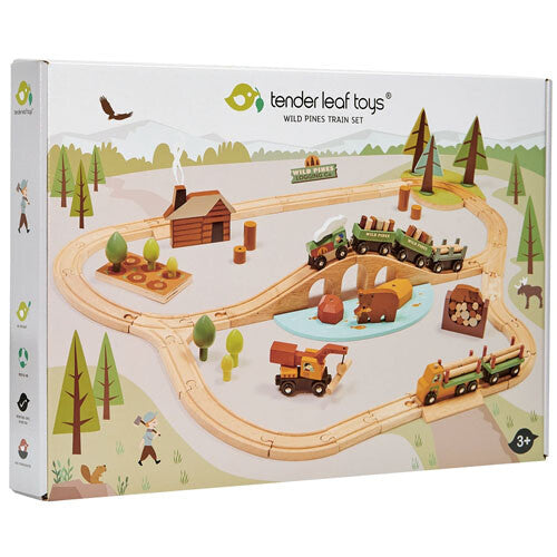 Verpakking van de tender leaf toys houten treinbaan dennenbos.