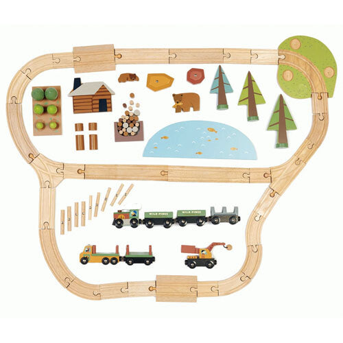 Alle losse onderdelen van de tender leaf toys houten treinbaan dennenbos, van bovenaf gezien.