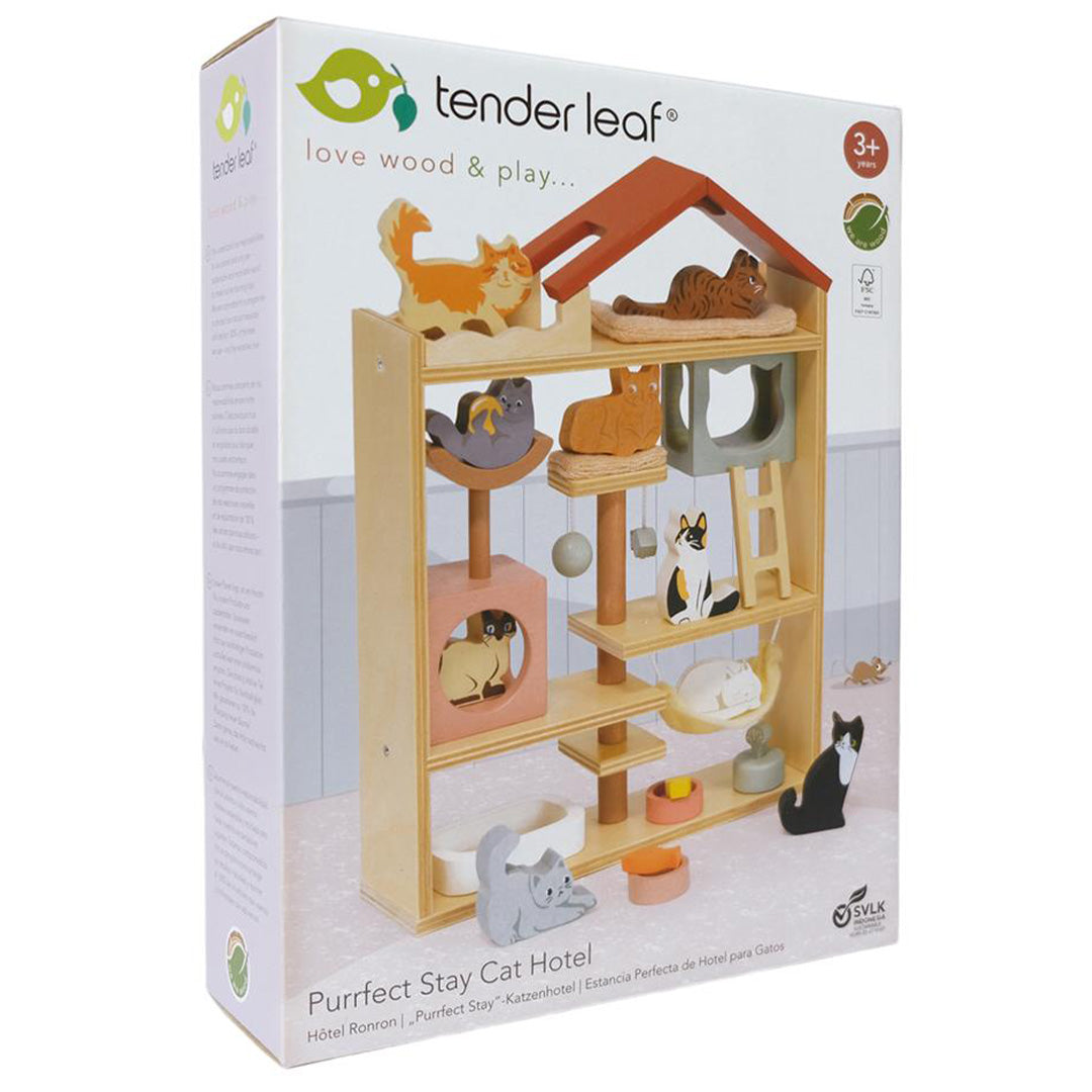 De verpakking van de Tender Leaf Toys houten kattenhotel speelset.