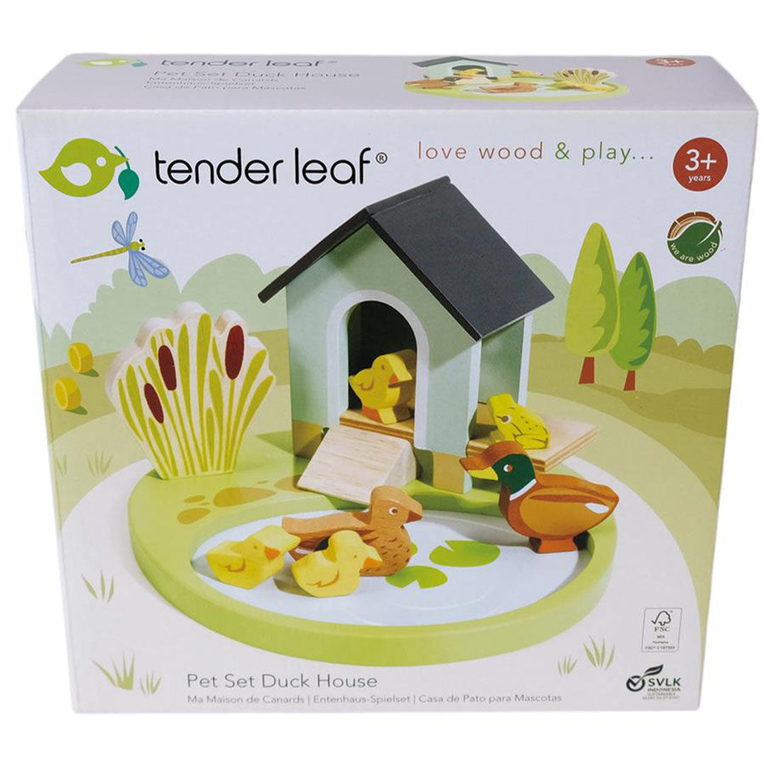 De verpakking van de Tender Leaf Toys houten eendenfamilie speelset.