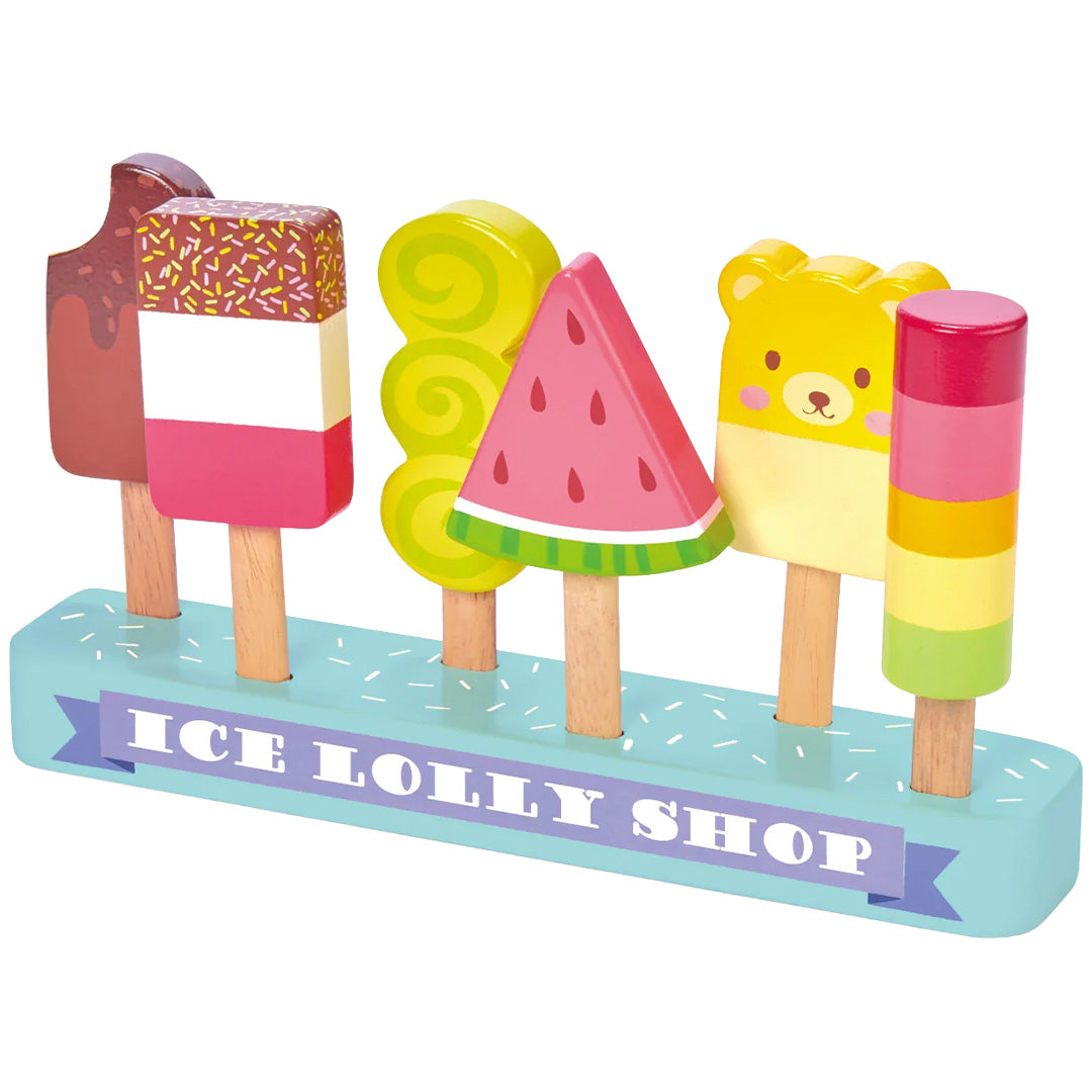 Tender Leaf Toys houten ijswinkel met zes kleurrijke speelgoedijsjes in een standaard.