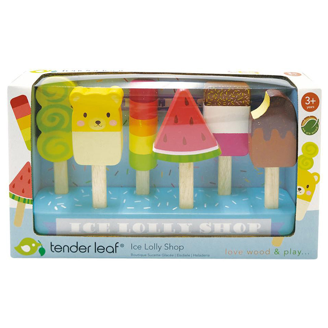 De verpakking van de Tender Leaf Toys houten ijswinkel met zes speelgoedijsjes.