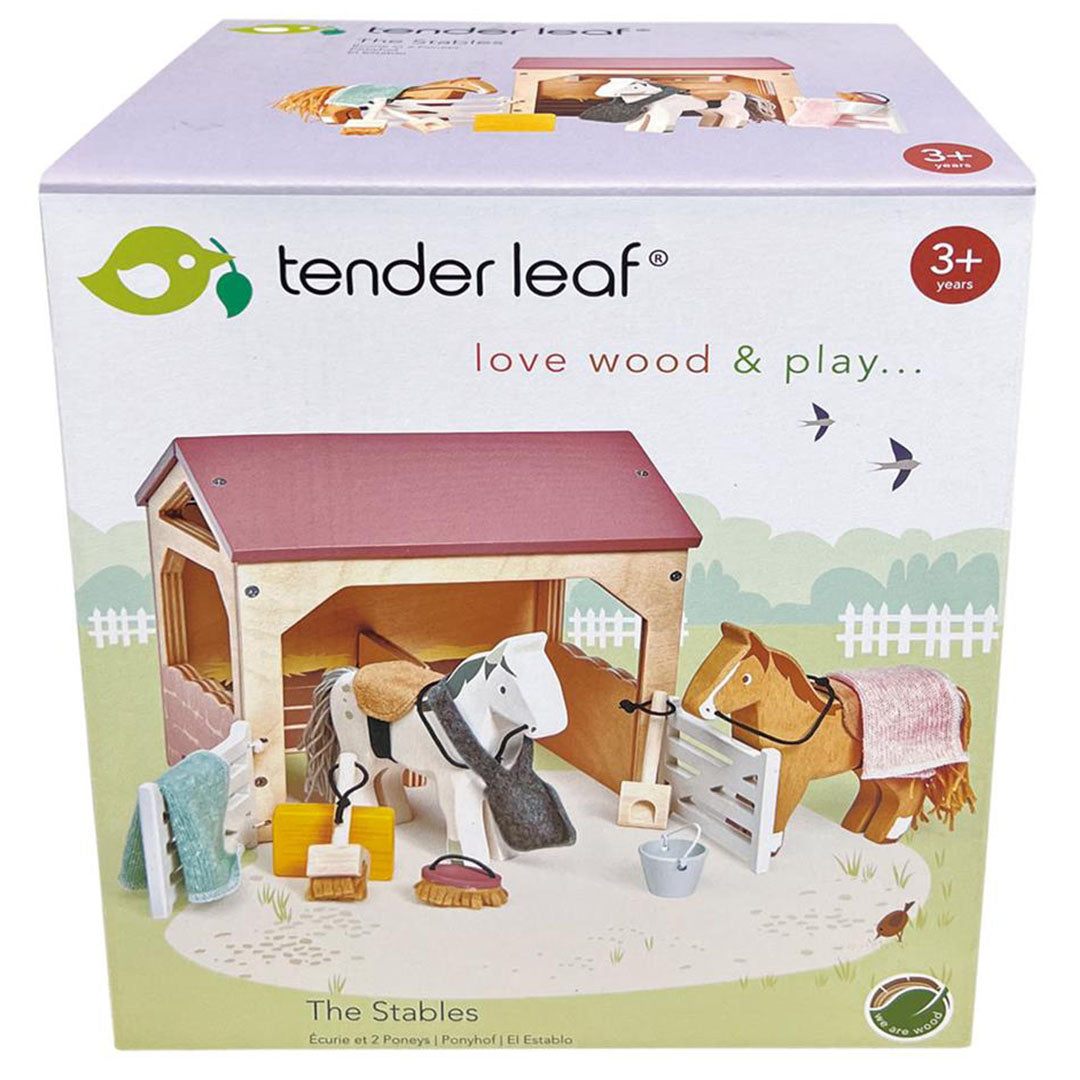 Verpakking van de Tender Leaf Toys houten paardenstal speelset.