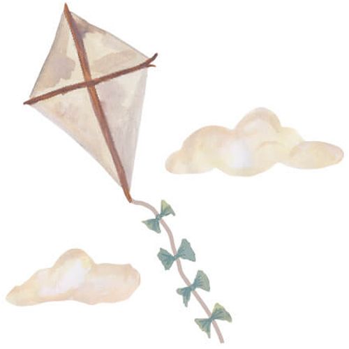 that's mine muursticker van een beige vlieger met strikjes en twee wolken op een witte achtergrond.