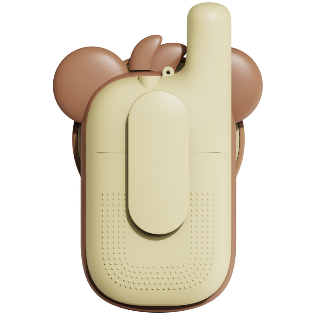 De achterkant van de the zoofamily walkietalkie in de vorm van een bruine beer met een riemclip.
