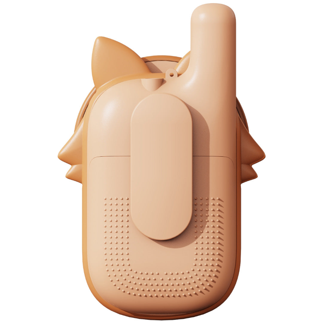 De achterkant van een oranje vos walkie talkie met een riemclip.