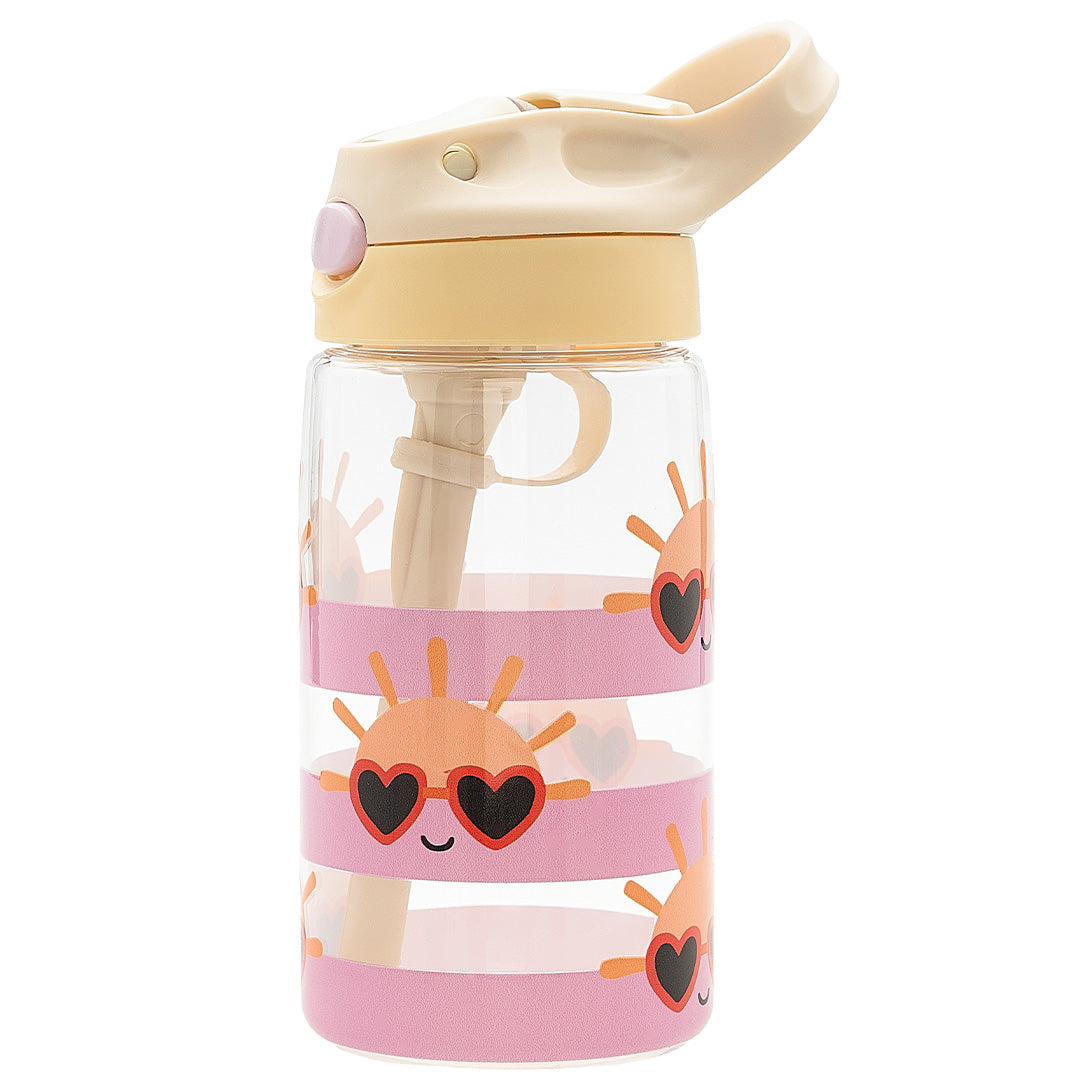 The Cotton Cloud kinder waterfles met roze strepen en zonnetjes met zonnebril.