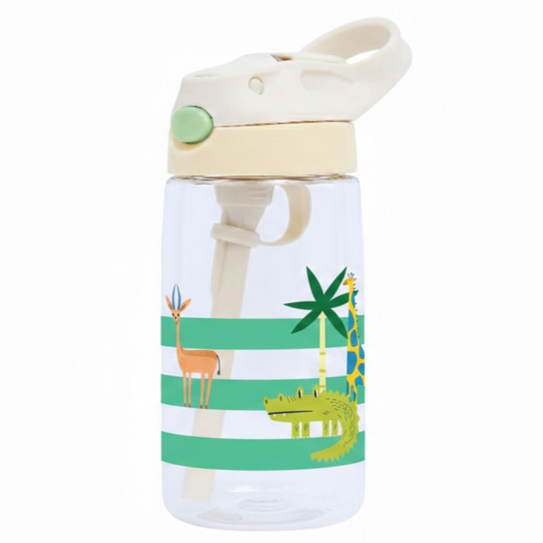 The cotton cloud kinderdrinkfles met beige dop en safari dierenprint van een gazelle, krokodil en giraffe.