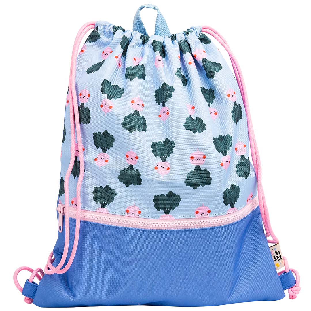 The cotton cloud kinder gymtas met blauw-roze veggie pals patroon en roze trekkoorden.