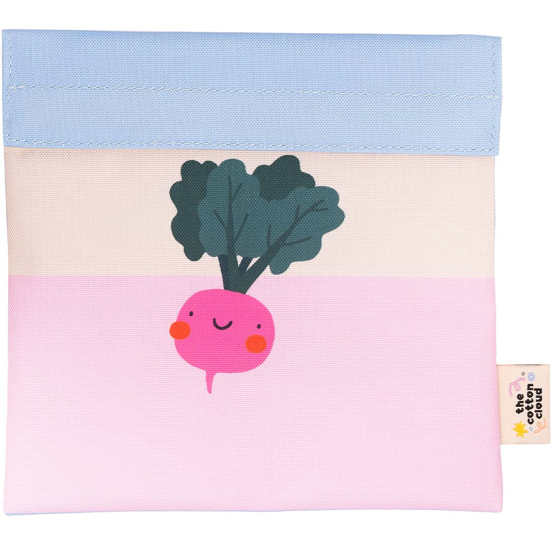 The cotton cloud herbruikbaar lunchzakje voor kinderen met een vrolijk radijsje op een roze en beige achtergrond.