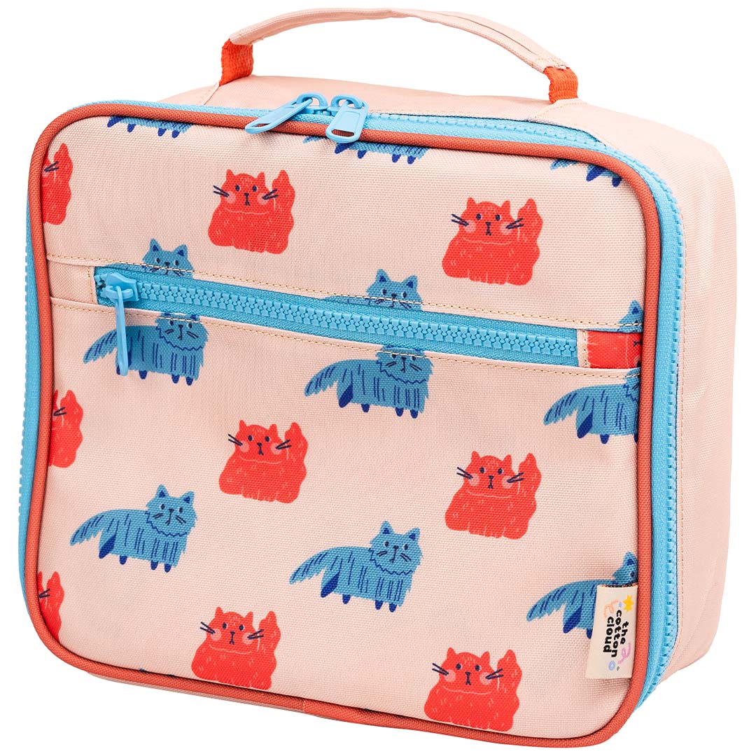 Roze the cotton cloud koeltas met een patroon van rode en blauwe katten.