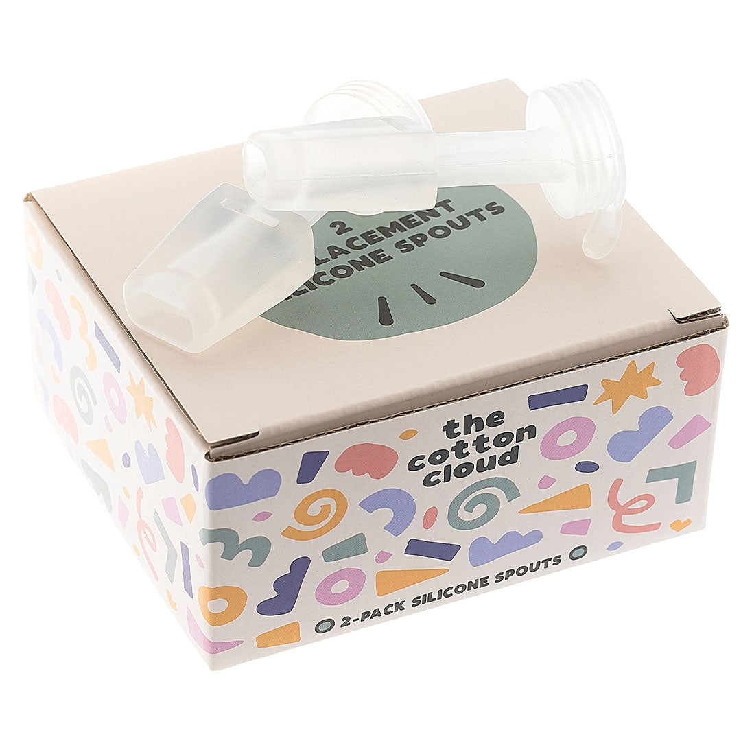 De verpakking van the cotton cloud reserve drinktuiten met twee transparante siliconen tuiten erop.