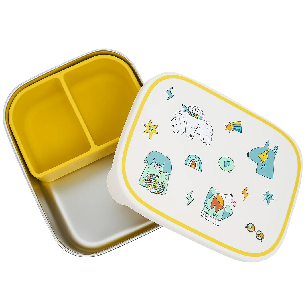 De The Cotton Cloud kinder broodtrommel met open roestvrijstalen bak, gele siliconen verdeler en deksel met funky hondenpatroon.