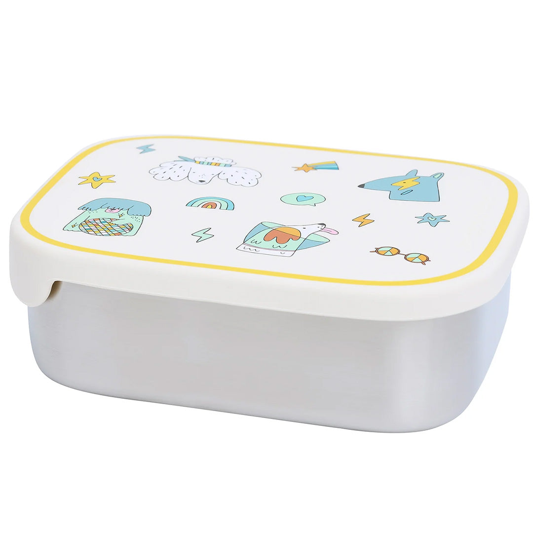 De gesloten The Cotton Cloud kinder broodtrommel van roestvrij staal met deksel en funky hondenpatroon.