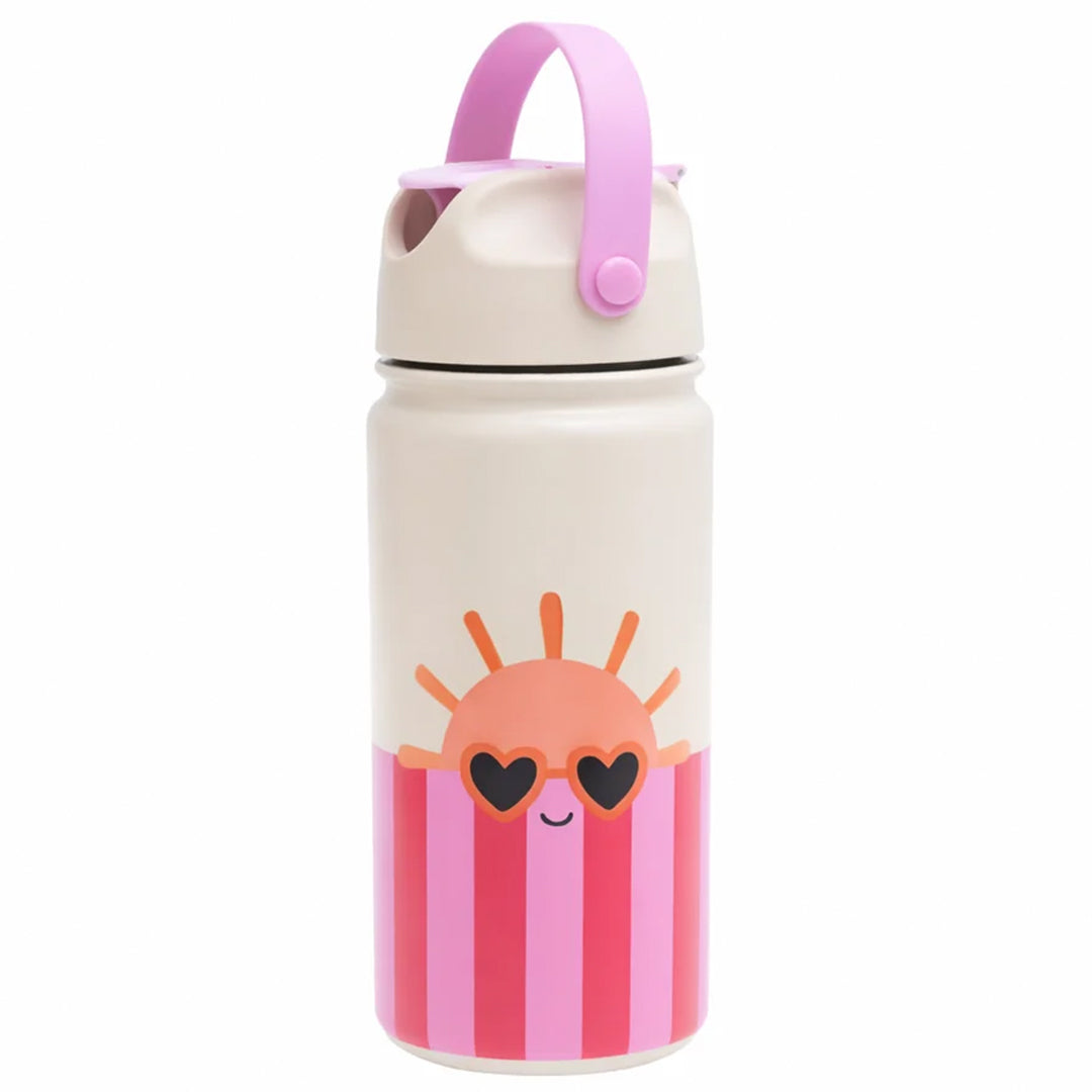 The Cotton Cloud rvs drinkfles met een zonnetje met hartjeszonnebril en roze strepen.