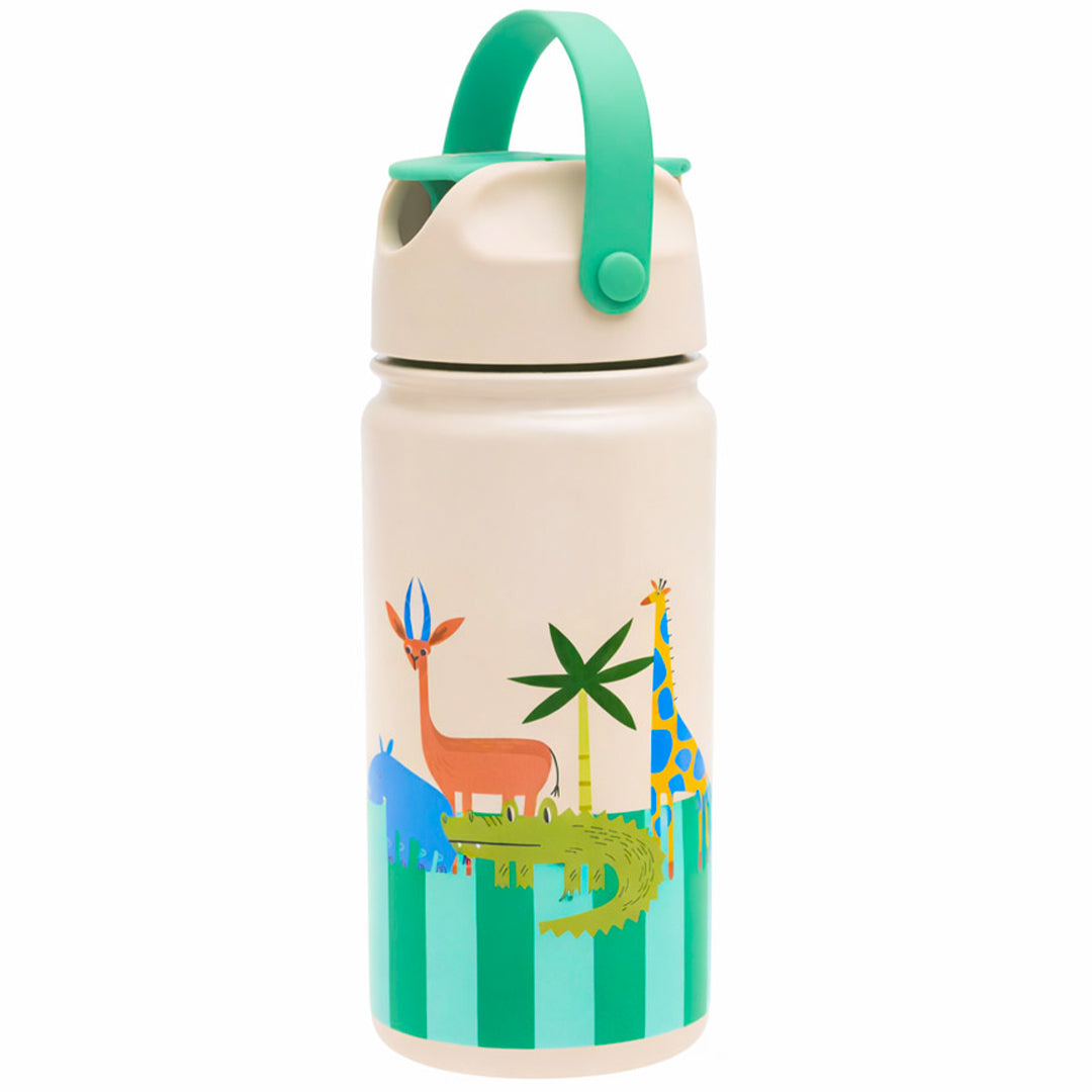 The Cotton Cloud kinder drinkfles van roestvrij staal met safari dieren en groene strepen.