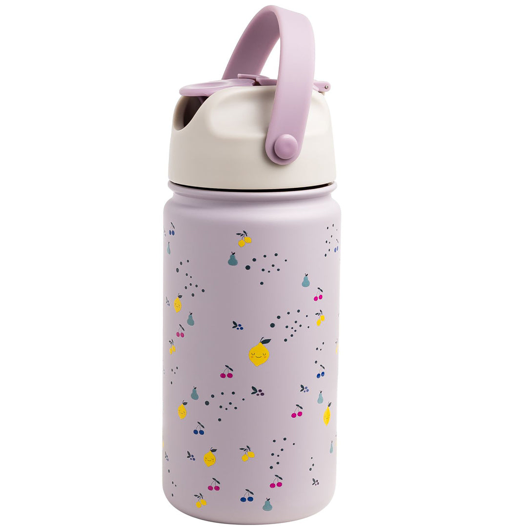 The cotton cloud paarse RVS drinkfles met fruity patroon en lichtpaarse dop.