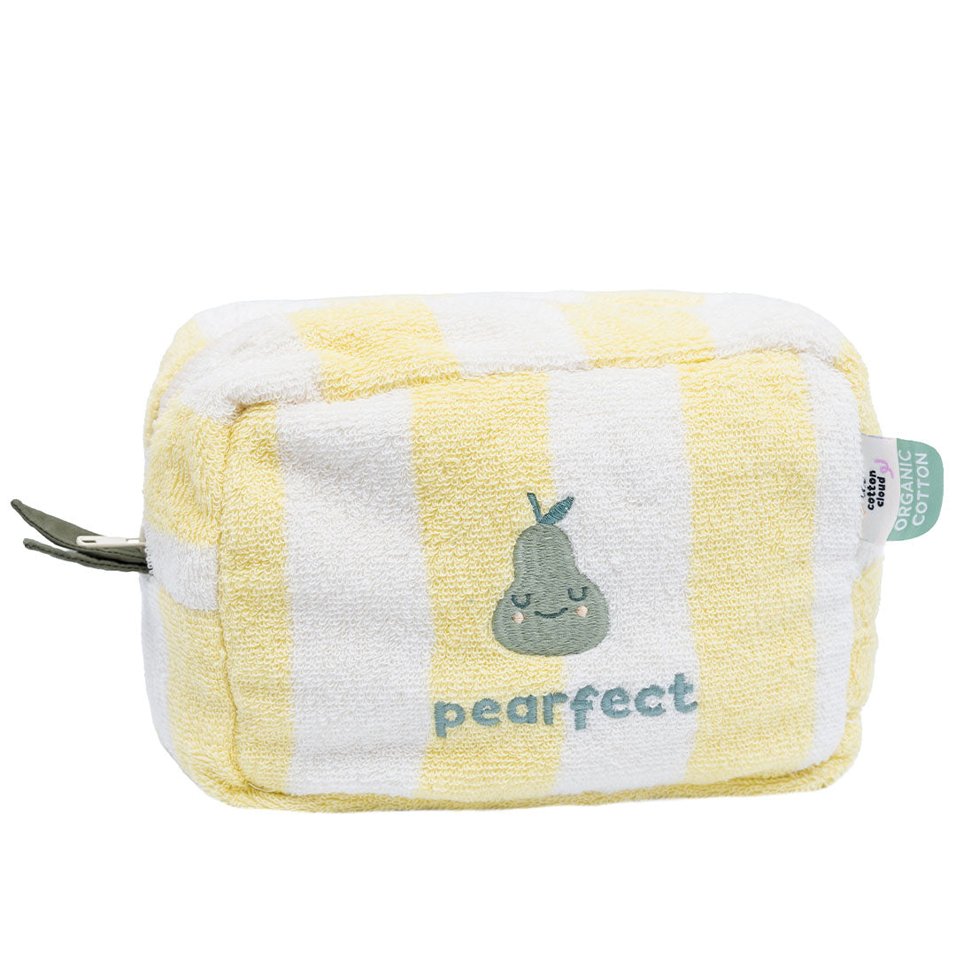 the cotton cloud toilettas met gele en witte strepen, een peerfiguur en de tekst 'pearfect'.
