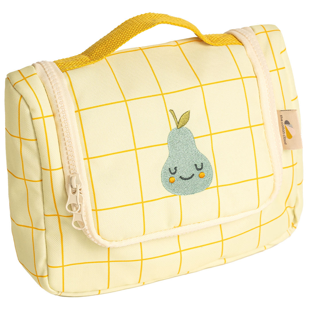 The cotton cloud gele toilettas met geruit patroon en een geborduurde peer.