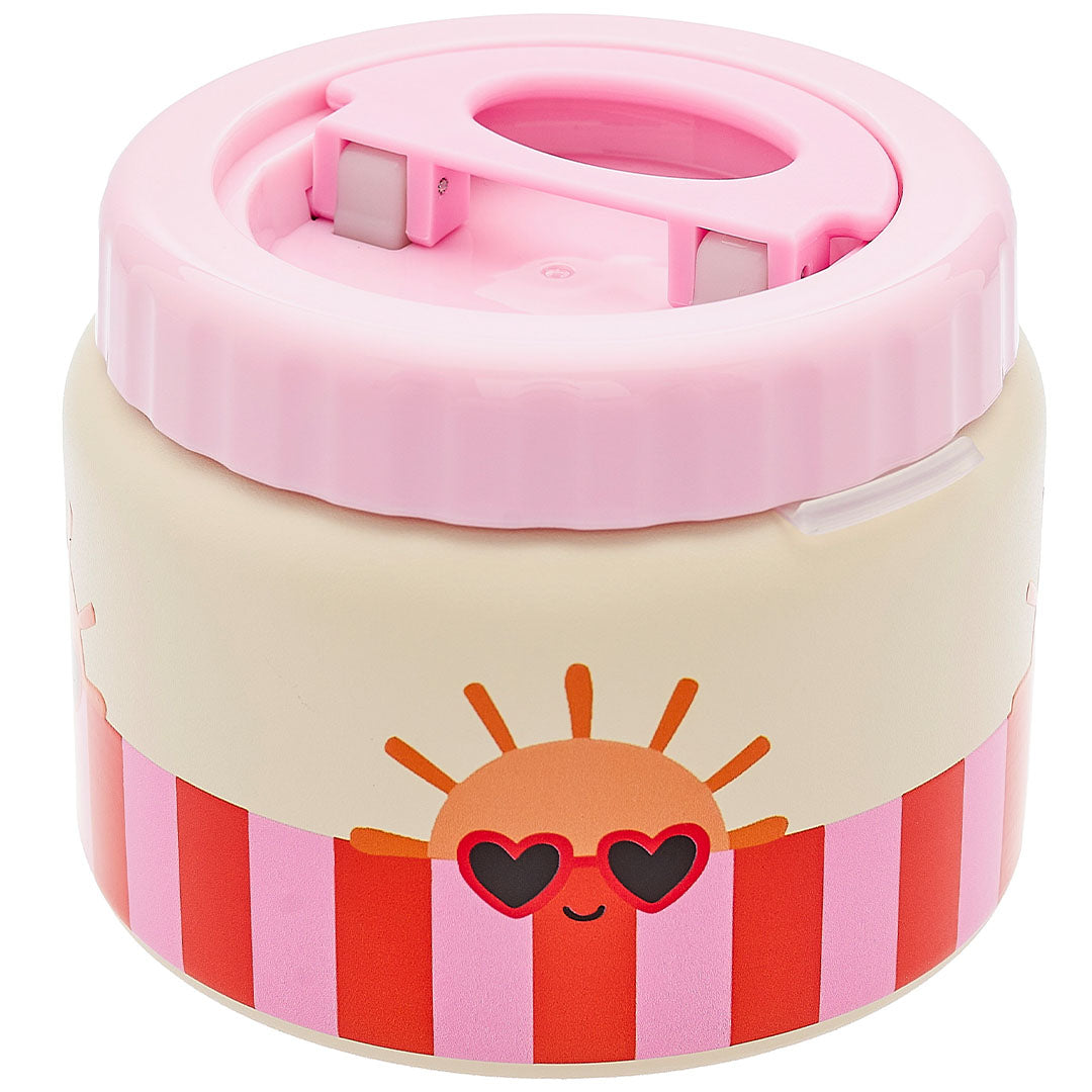 The Cotton Cloud voedselpot met roze deksel en een zonnetje met zonnebril op een gestreepte onderkant.