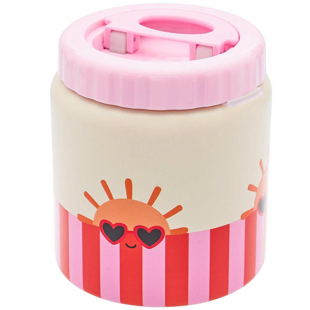 The cotton cloud voedselpot met roze deksel en een patroon van een zonnetje met zonnebril op een gestreepte achtergrond.