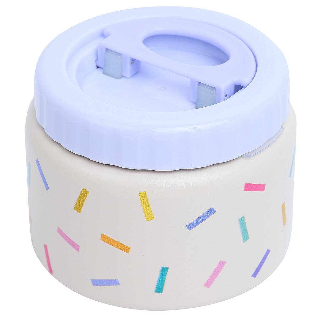 The cotton cloud voedselpot met confetti patroon en lichtpaarse deksel.