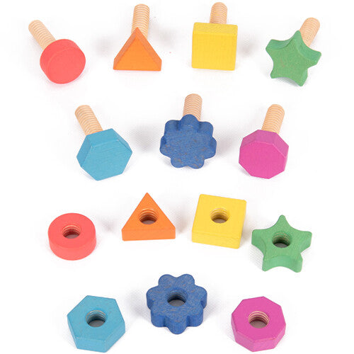 tickit houten bouten en moeren speelgoed in regenboogkleuren, gesorteerd op vorm.
