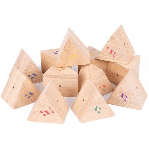 Tickit houten geluiden memorie prismablokken met gekleurde muzieknoten, verspreid op een witte achtergrond.
