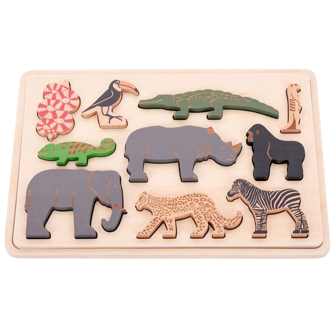 tickit houten safaridieren puzzel met 10 verschillende dierenfiguren.