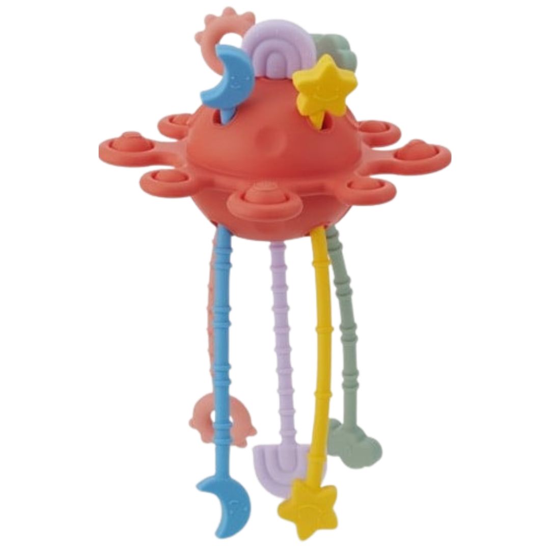 tickit silisoft sensorisch activiteitenspeeltje in de vorm van een rode octopus met kleurrijke trekkoorden en vormen.