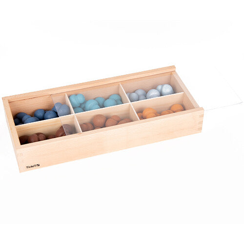 Een houten Tickit sorteerbak met transparante deksel en zes vakken, gevuld met houten speelstenen in verschillende blauw- en bruintinten.