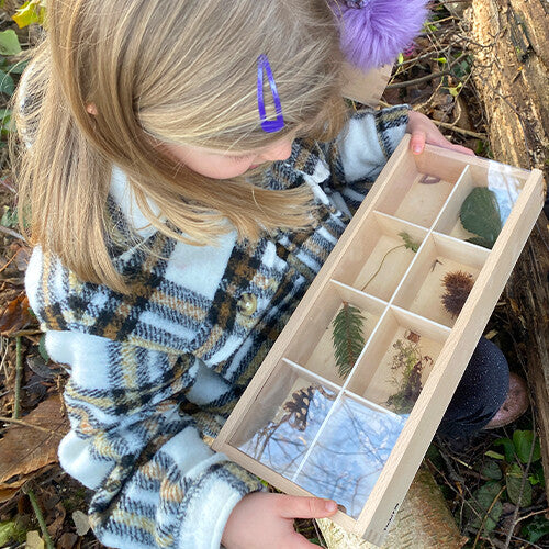 Een kind houdt een houten Tickit sorteerbak met transparante deksel vast, gevuld met bladeren en andere natuurlijke vondsten.