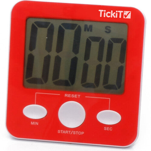 TickiT rode digitale timer met zwart scherm en witte knoppen.