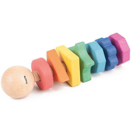 tickit houten vormen twister met regenboogkleurige geometrische vormen op een schroef.