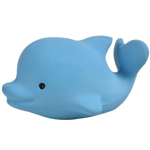 Tikiri blauw rubberen bijt- en badspeelgoed in de vorm van een dolfijn.