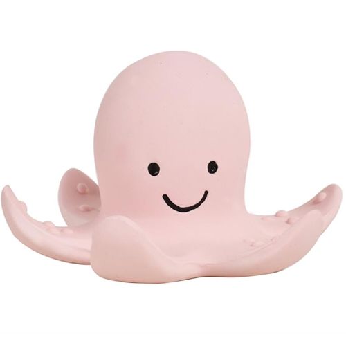 Roze rubberen Tikiri bijtspeelgoed octopus met een lachend gezicht.