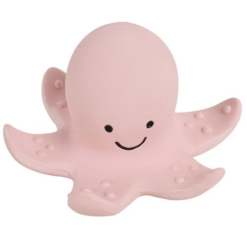 Roze rubberen Tikiri bijtspeelgoed octopus met een lachend gezicht.