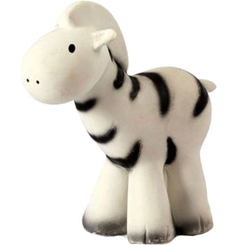 Tikiri bijt- en badspeelgoed in de vorm van een witte zebra met zwarte strepen.